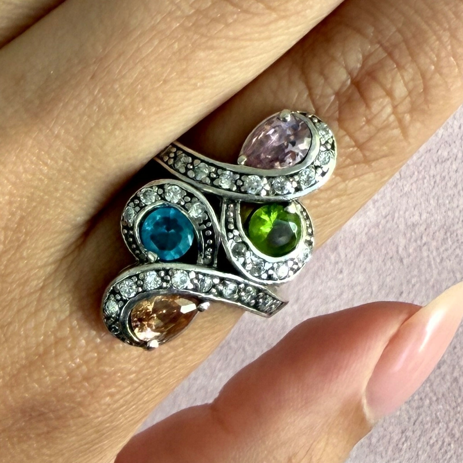 Sterling Silver Elongated Multi-Colored Cz Ring Size 7.75